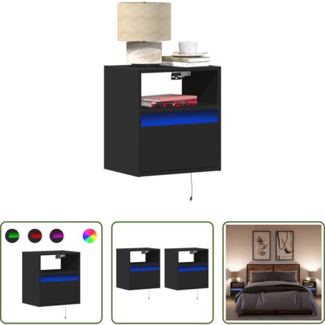 Mesitas de pared -  Mesitas de noche de pared con luces LED 2 unidades negro