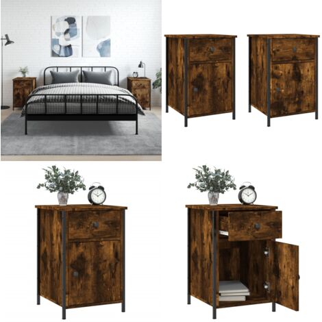 Mesitas noche 2 uds madera contrachapada roble humo 40x42x60 cm - Mesita de noche de madera - Mesita de noche con estructura de hierro