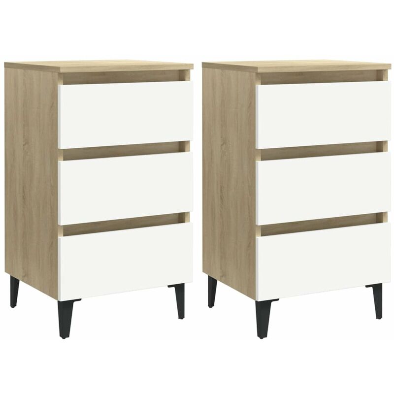 

Happyshopping - Mesitas noche patas metal 2 uds blanco roble Sonoma 40x35x69 cm