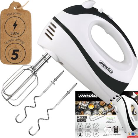 Mesko MS4227B Batidora Amasadora de Mano Repostería, 5 Velocidades + Turbo, Varillas y Gancho Amasar Acero 550W