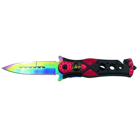 Messer de Sicherheit Third K2775W, Griff de Aluminium Rot/Schwarz und Klinge de Stahl 420 de 10,1 cm, mit Messergürtel de Sicherheit und Glasbrecherspitze