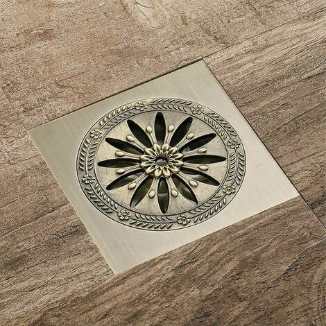 SOLEIL Messing-Duschablauf, quadratischer Bodenablauf aus grüner Bronze, geruchsabweisend, Badezimmer-Duschrost, großer Durchmesser 10 x 10 cm, Badezimmerzubehör, Küchen-Bodenablauf