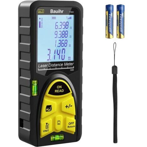 Mesure laser 50 m, télémètre laser 165 pieds, outil de mesure numérique à poignée portable avec niveaux à bulle, grand écran LCD rétroéclairé et étanche Ip54