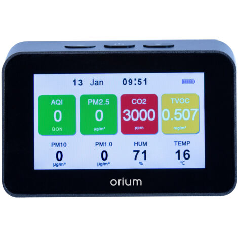 Mesureur de qualité de l'air intérieur – Détecteur de CO2, COV, particules fines – Alimentation batterie rechargeable 3000 mAh – Écran LCD 9.4 x 5.4 cm – Orium
