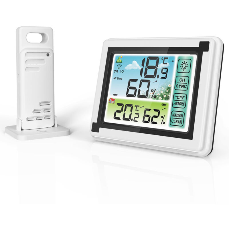 Mesureur de température et d'humidité sans fil pour l'intérieur et l'extérieur, horloge météo à écran couleur, grand hygromètre numérique (avec 1