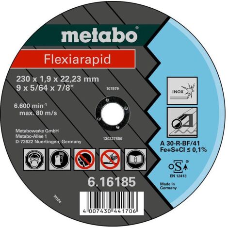 METABO 616183000 - Disco de per smerigliatrice angolare Flexiarapid A30-R -BF Acciaio inox piatto Ø 150 x 2,0 x 22,22 mm (Confezione  25 Ud)