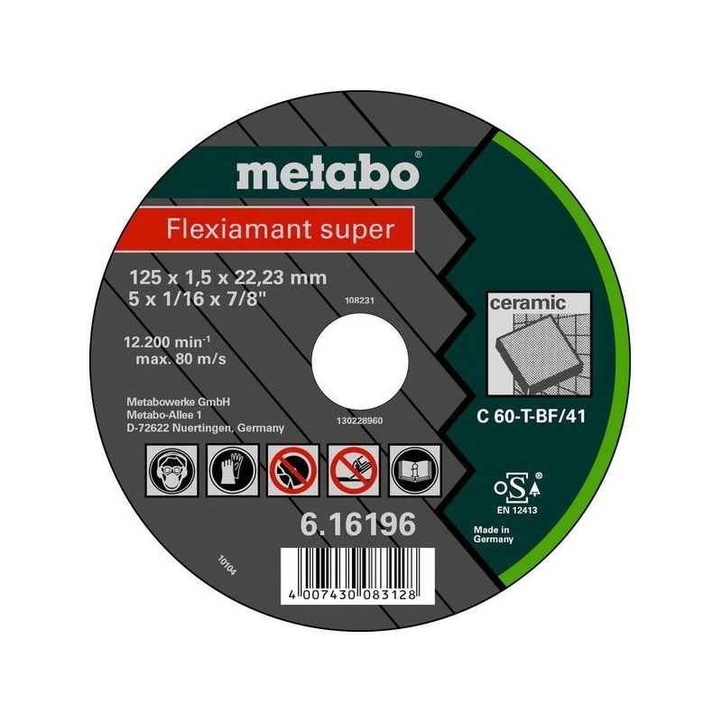 

616196000 Disco de tronzar plano amoladora angular Flexiamant Super C60-T para cerámicos 125x1x22,23 mm (Envase 25 Ud) - Metabo