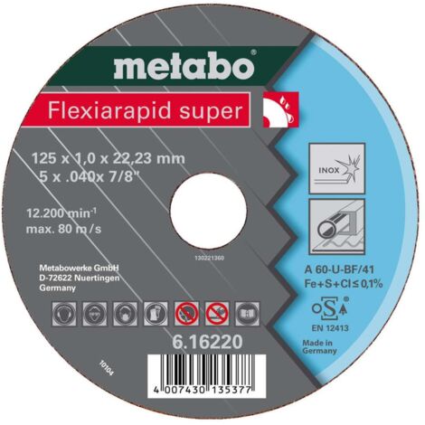 METABO 616208000 - Disque de disque à découper pour meuleuse d'angle Flexiarapid Super A60-U-BF Inox HidroResist. pressé Ø 115 x 0,8 x 22,22 mm (paquet de 25 pcs.)