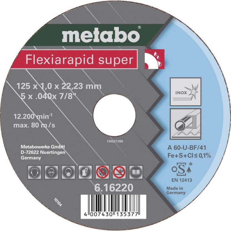 Disque à tronçonner METABO Acier inoxydable 12 5 cm 2 22 cm 1 mm 12200 tr min