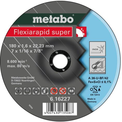 METABO 616227000 - Disco de tronzar para amoladora angular Flexiarapid Super A46-U-BF Inox HidroResist. embutido Ø 180 x 1,6 x 22,22 mm (Envase de 25 Ud)