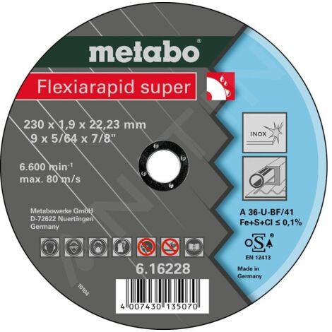 METABO ACCESSOIRES - MEULE DE TRONÇONNAGE POUR ACIER INOXYDABLE FLEXARAPID SUPER 230 X 1,9 X 22,23 MM 616228000