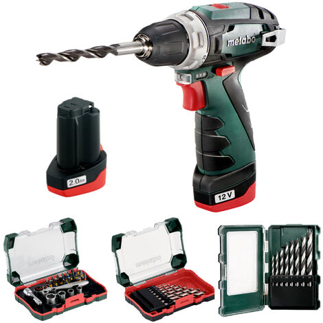 Metabo Akku-Bohrschrauber-Set PowerMaxx BS mit 2x 2,0 Ah + Ladegerät im Koffer + Bitset + Metallbohrer + Holzbohrer