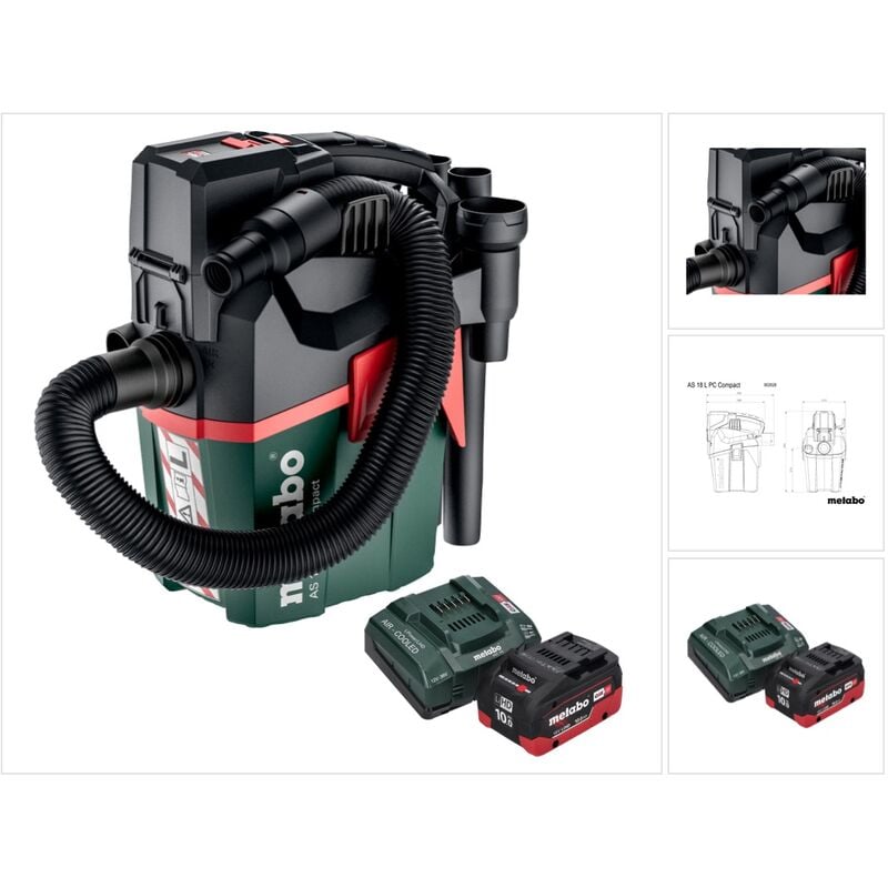 As 18 l pc Compact Aspirateur sans fil 18 v 6 l IPX4 classe de poussière l eau et poussière + 1x batterie 10,0 Ah + chargeur - Metabo