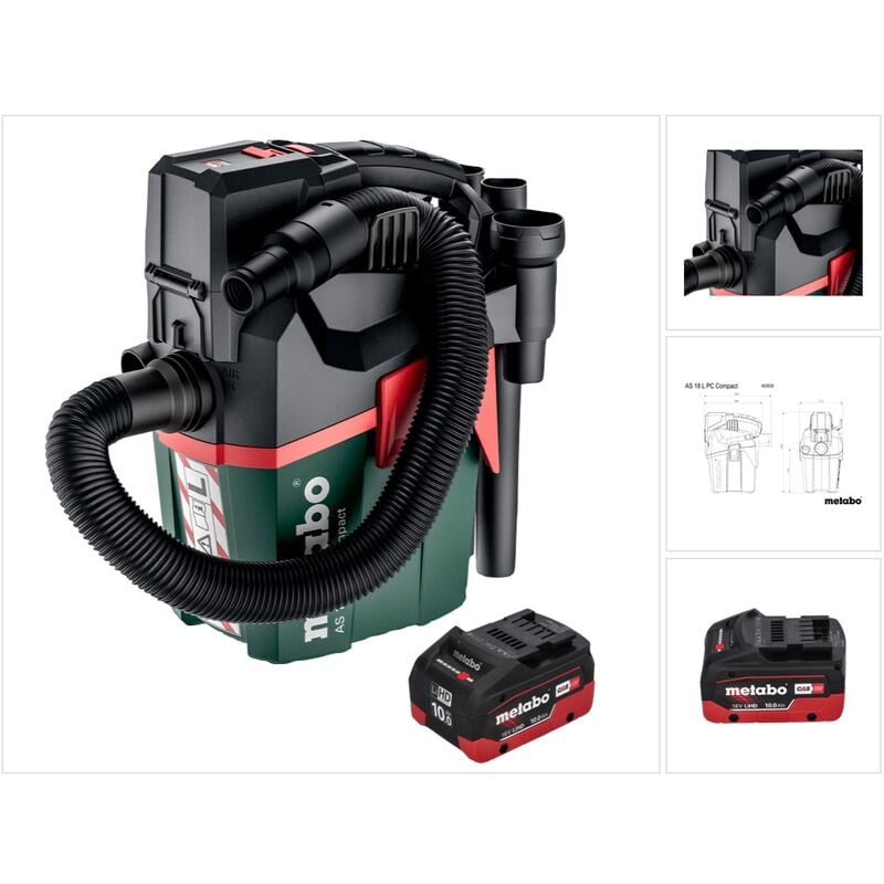 Metabo - as 18 l pc Compact Aspirateur sans fil 18 v 6 l IPX4 classe de poussière l eau et poussière + 1x batterie 10,0 Ah - sans chargeur