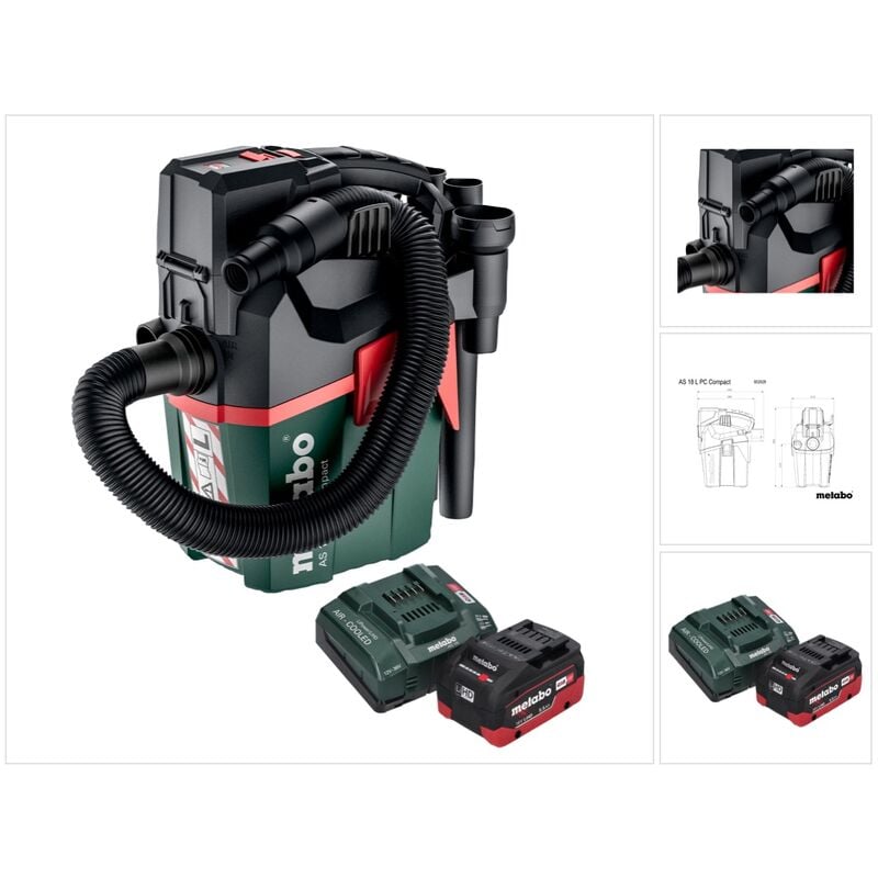 As 18 l pc Compact Aspirateur sans fil 18 v 6 l IPX4 classe de poussière l eau et poussière + 1x batterie 5,5 Ah + chargeur - Metabo