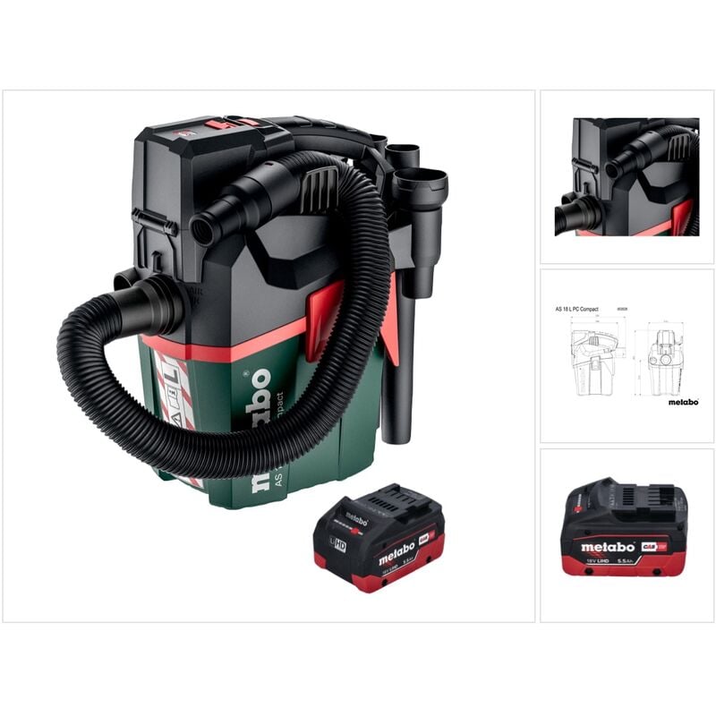 Metabo - as 18 l pc Compact Aspirateur sans fil 18 v 6 l IPX4 classe de poussière l eau et poussière + 1x batterie 5,5 Ah - sans chargeur