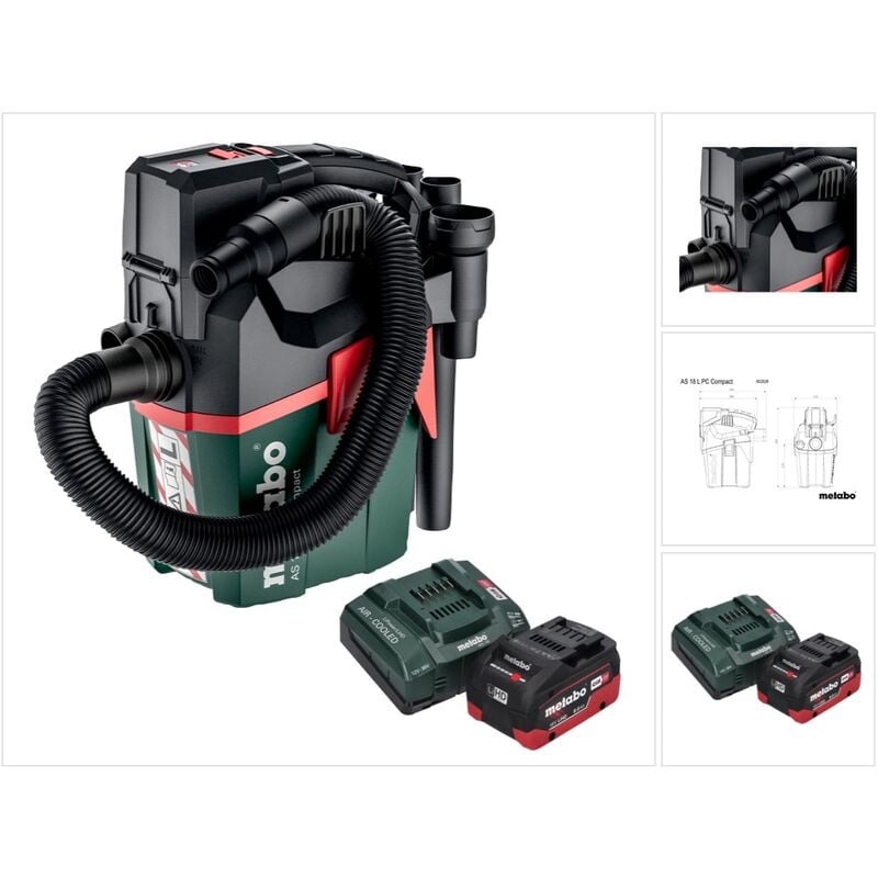 Metabo AS 18 L PC Compact Aspirateur sans fil 18 V 6 l IPX4 classe de poussière L eau et poussière + 1x batterie 8,0 Ah + chargeur