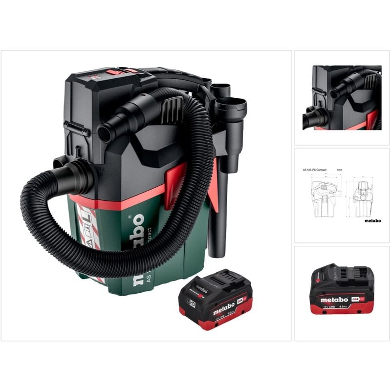 Metabo - as 18 l pc Compact Aspirateur sans fil 18 v 6 l IPX4 classe de poussière l eau et poussière + 1x batterie 8,0 Ah - sans chargeur