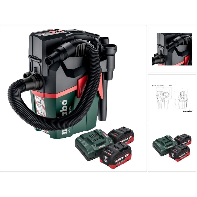 As 18 l pc Compact Aspirateur sans fil 18 v 6 l IPX4 classe de poussière l eau et poussière + 2x batterie 10,0 Ah + chargeur - Metabo