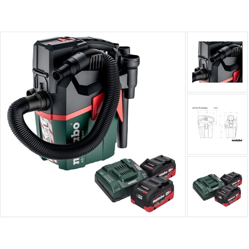 As 18 l pc Compact Aspirateur sans fil 18 v 6 l IPX4 classe de poussière l eau et poussière + 2x batterie 8,0 Ah + chargeur - Metabo