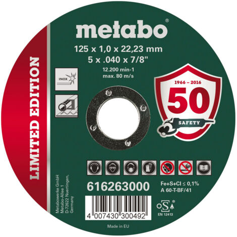 Metabo – Disque à lamelles 125mm – Épaisseur 1mm – Perforation 22,23mm – Coupe nette pour acier inoxydable – Lot de 100 pièces