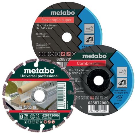 Metabo – Lot de 3 disques à lamelles Ø 76 mm pour meuleuse – Découpe acier inoxydable – Ébarbage et tronçonnage – 626879000