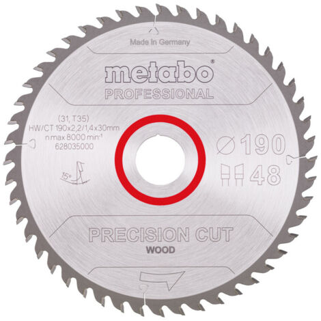 Metabo Kreissägeblatt Holz Precision Cut 190x30mm 48WZ 15° Handkreissägen