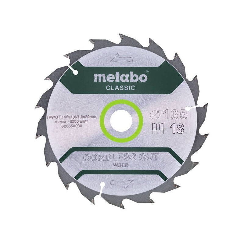Metabo - Lama classica 'Cordless Cut Wood' hw/ct 165x20, 18 wz 20° per sega circolare