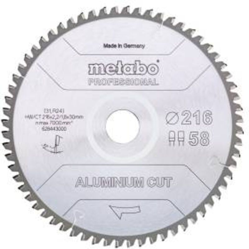 Lame de scie Metabo Aluminium Cut Professional 216x2 2mm 58 dents 5° négatif