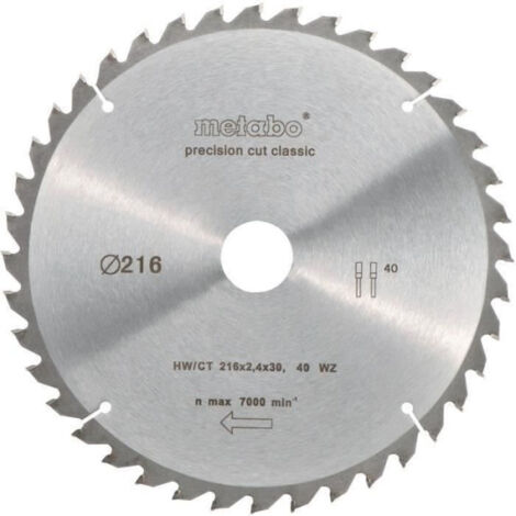 Metabo – Lame de scie circulaire 216mm – 40 dents – Pour bois dur et stratifié – Coupe nette sans éclat – Compatible avec scies circulaires