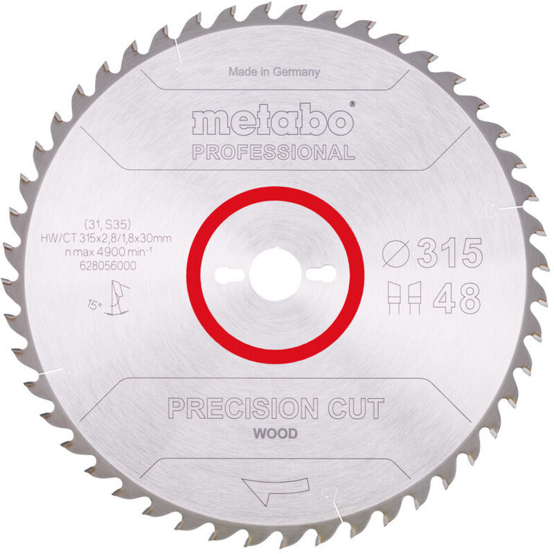 Metabo - Lame de scie circulaire coupe de précision bois professionnelle D315xB2.8xg30mm 48Z. WZ15Gr.