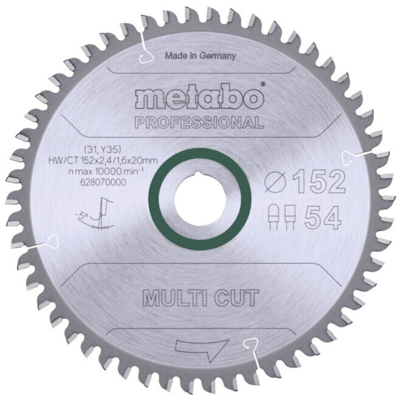 Lame de scie circulaire HWCT 152 x 20 x 2 41 6 nombre de dents 54 denture platedenture trapézoïdale angle d'attaque 5° nég. metabo