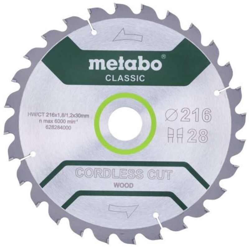Metabo Lame de scie cordless cut wood classic 216x18 12x30 Z28 WZ 5° 628284000