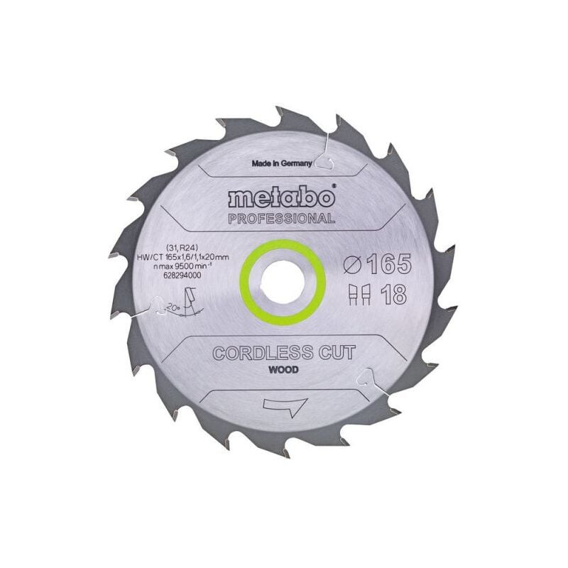 Metabo - Lame de scie cordless cut wood - professional, 165x1,6/1,1x20 Z18 wz 20° (628294000)