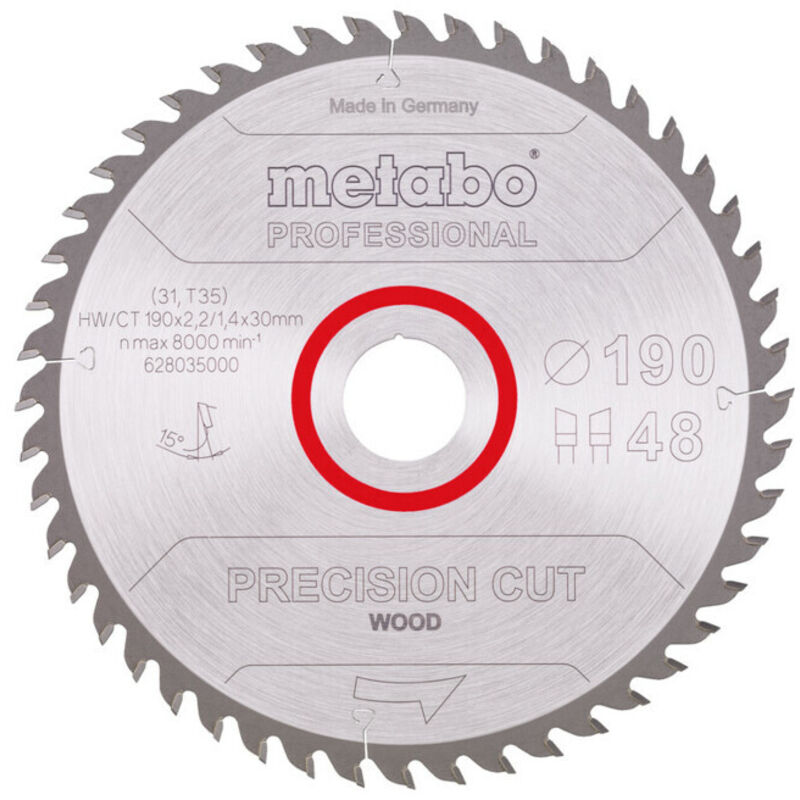 Metabo Lame de scie circulaire hwct 190 x 30 x 2 21 4 nombre de dents 48 affûtage en biseau alterné angle d'attaque 15°