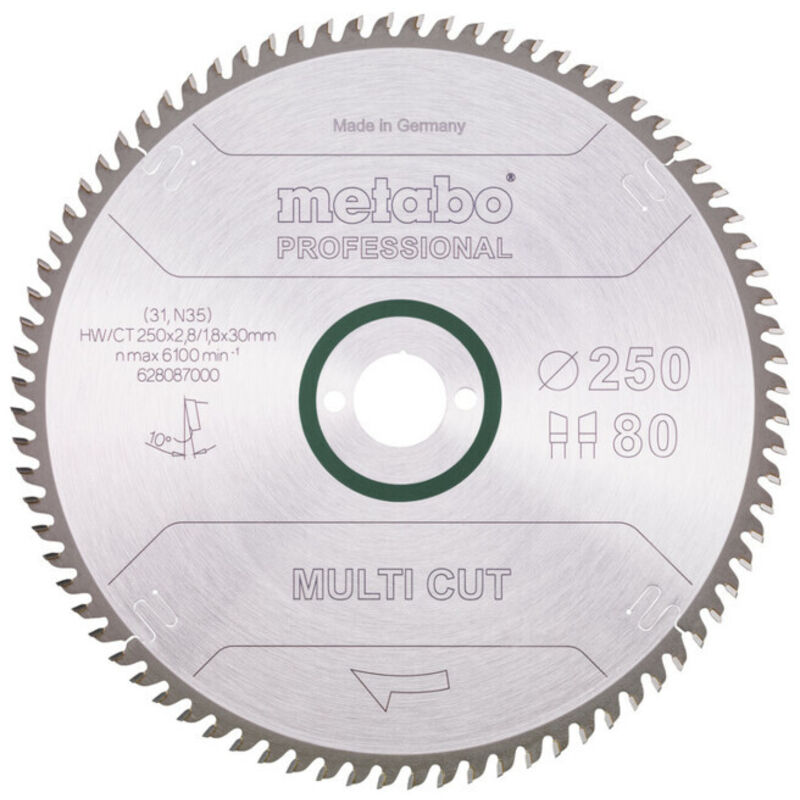 Metabo Lame de scie circulaire hwct 250 x 30 x 2 81 8 nombre de dents 80 affûtage en biseau alterné angle d'attaque 10°