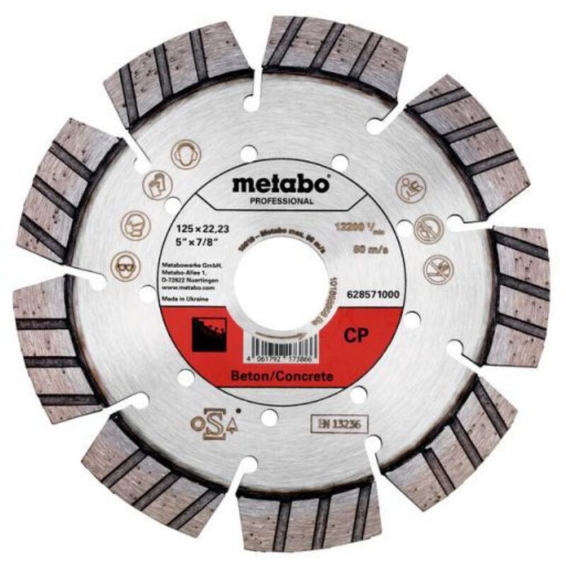 Disque diamanté segmenté metabo 125x22.23 mm 9 segments Vitesse max 12200min Coupe béton Durabilité élevée
