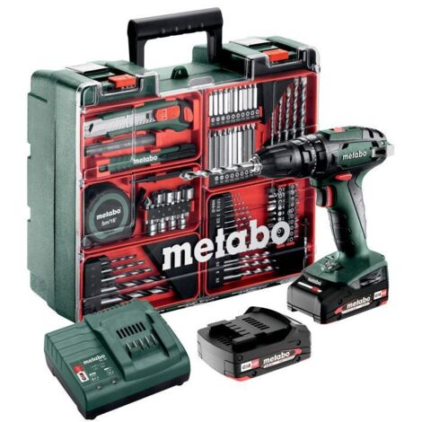 Metabo – Perceuse à percussion sans fil 18V avec 2 batteries 2.0Ah – Couple 48Nm pour perçage béton – Coffret avec accessoires – 602245880
