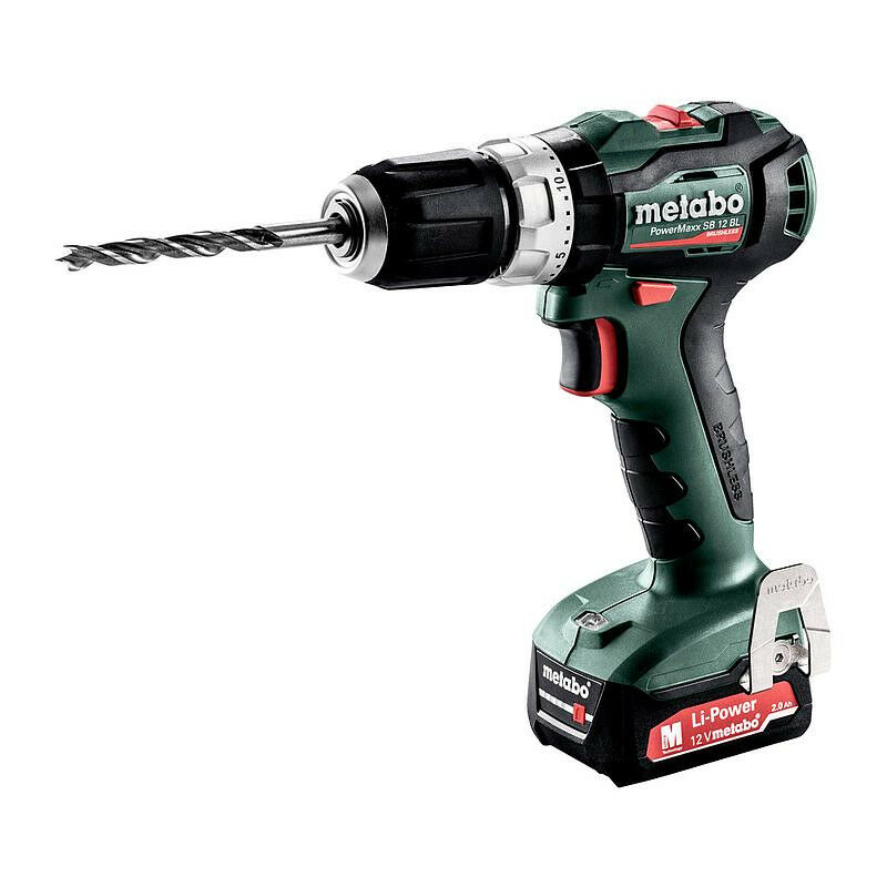 Perceuse à percussion 12 v Li-Ion 2x 2.0 Ah 45 Nm Diam perçage bois 25 mm - PowerMaxx sb 12 bl - Metabo