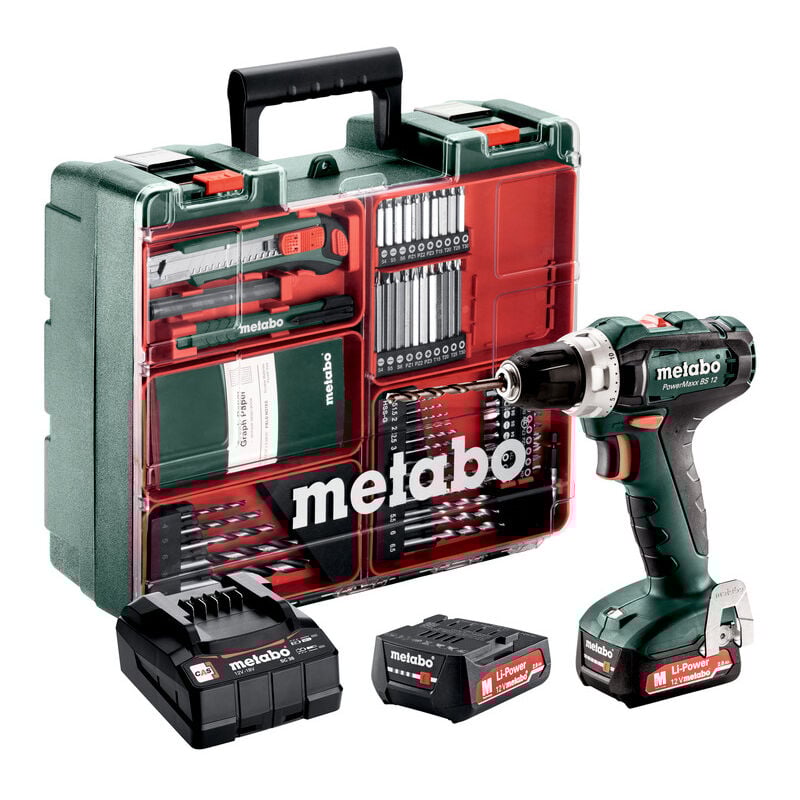 Perceuse visseuse 12V Metabo 2 batteries 2Ah + chargeur + coffret de transport et kit complet d'accessoires inclus - 601036870
