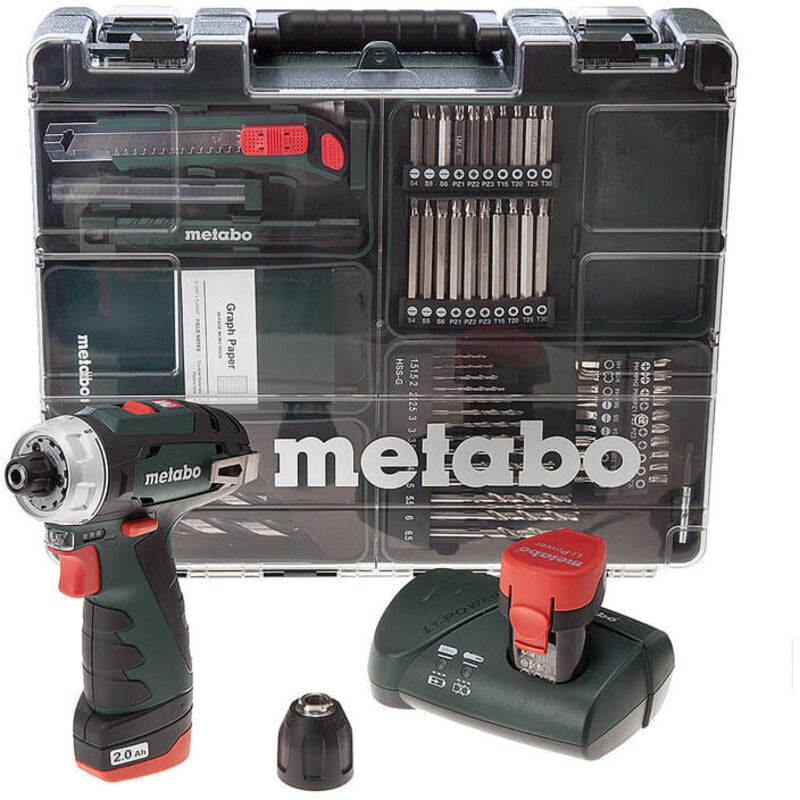 Perceuse visseuse à batterie 10.8 v 2x2Ah Li-Ion avec coffret d'accessoires - PowerMaxx bs Basic Set - Metabo