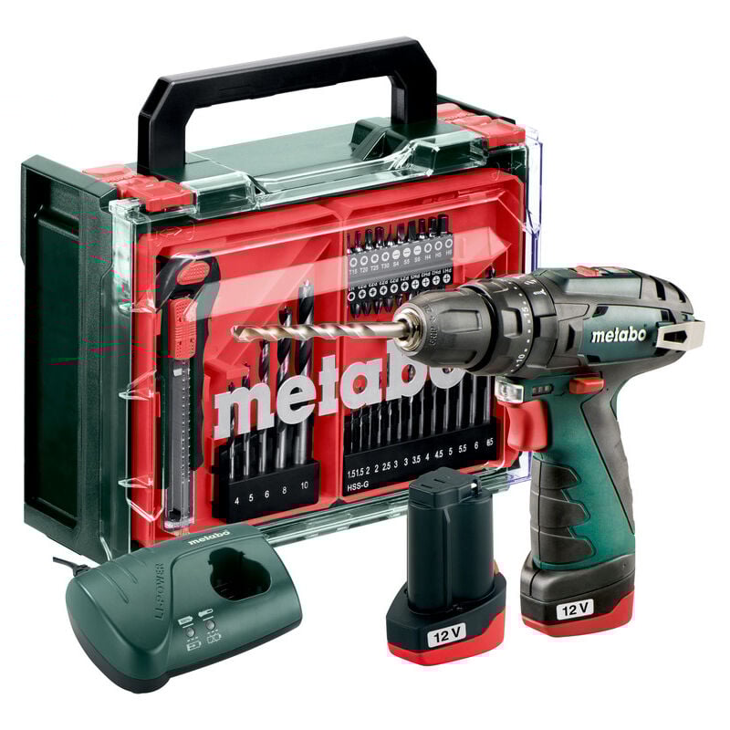 Metabo - Perceuse-Visseuse À Percussion Sans Fil Powermaxx Sb Basic Set (600385710) Avec Atelier Mobile De 41 Pièces Coffret Plastique 12V 2X2Ah