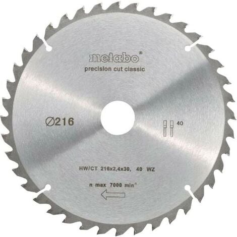 Metabo precision cut wood - classic 628060000 Lame de scie circulaire 216 x 30 x 1.8 mm Nombre de dents: 40 1 pc(s) W749831