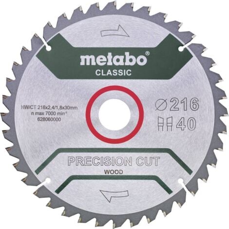 Metabo PRECISION CUT WOOD CLASSIC 628652000 Lame de scie circulaire 216 x 30 x 1.8 mm Nombre de dents: 40 1 pc(s) A230462