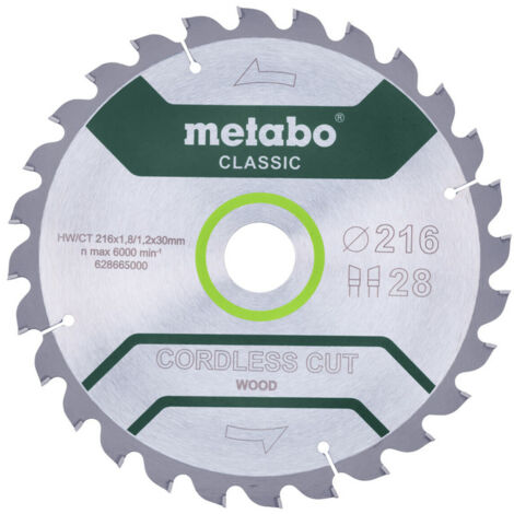 Metabo Sägeblatt "cordless cut wood - classic", 216x1,8/1,2x30 Z28 WZ 5° /B