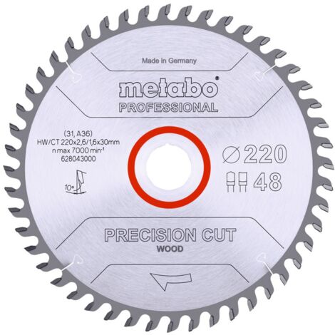 Metabo Sägeblatt precision cut wood - professional 220x2,6/1,6x30, Z48, Spanwinkel 10°, Hohlzahn
