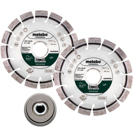 Metabo Set: 2 dischi diamantati per troncare 125x22,23 mm, UP + 1 ghiera di serraggio Quick M 14 (628582000)