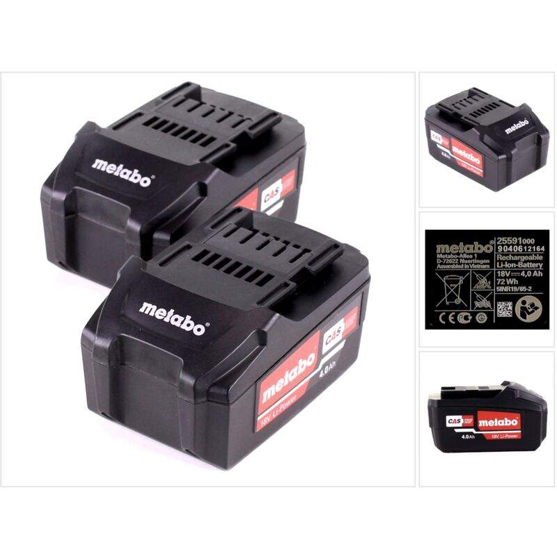 Metabo Set de batterie : 2x Batteries Li-Power 4,0 Ah 18 V CAS Li-Ion - indicateur de capacité de charge (2x 625591000)