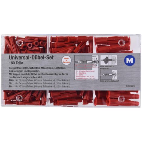 Metafranc Set universali, 180 Pezzi, Ø 5/6/8 mm, Made in Germany, per fissaggi in Materiali da Costruzione pieni e Cavi, Multiuso, tasselli di espansione, Tre Ali, 952250, Rosso