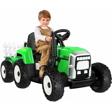 METAKOO Tracteur Électrique 12V 7Ah 2+1 Vitesse, Tracteur Jouet avec Remorque 7 Phares à LED, Bouton d'avertisseur/Lecteur MP3/ Bluetooth/Port USB/Télécommande pour Enfants de 3 à 6 Ans (Vert)-XMX611